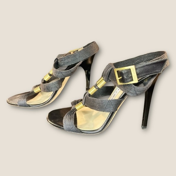 Jimmy Choo Black Waxed Leather ‘Serena’ Brass Hardware Gladiator Heels Size 8.5 - Picture 11 of 16